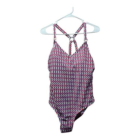 Kona Sol Size 14 Red & Blue Geo Print Ring‎ Strap Detail 1 Piece Swimsuit - Picture 1 of 7